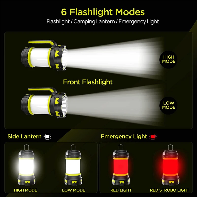 Lámpara de campamento LED para acampar, linterna recargable por USB, foco regulable, luz de trabajo, reflector impermeable, linterna de emergencia