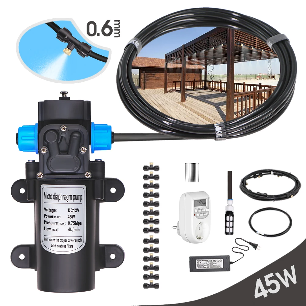 

45W 0.6MM Free-installation Pump Misting System Socket Timer Brass Water Spray Nozzle Outdoor Misting Cooling Kit for Irrigation