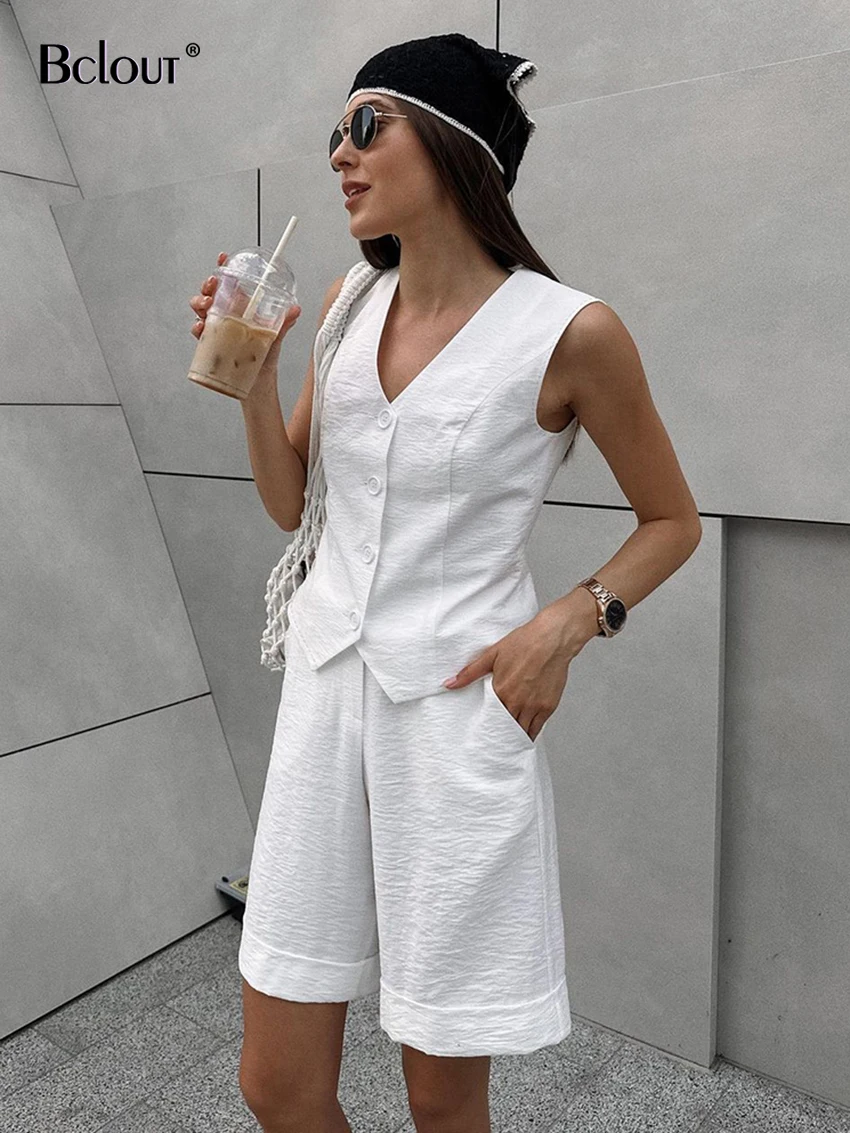 

Bclout Summer Ruched White Shorts Sets 2 Pieces Women 2024 Casual Solid V-Neck Slim Tops Streetwear Wide Leg Shorts Suits Female