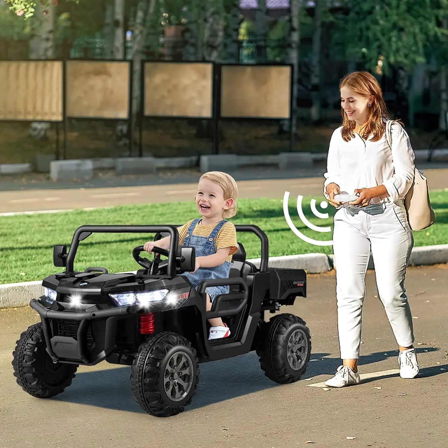 Costzon Ride On Dump Truck with Remote Control, 12V Electric Kids UTV w/Electric Dump Bed, Rocking Function, Shovel, 4 Spring Su