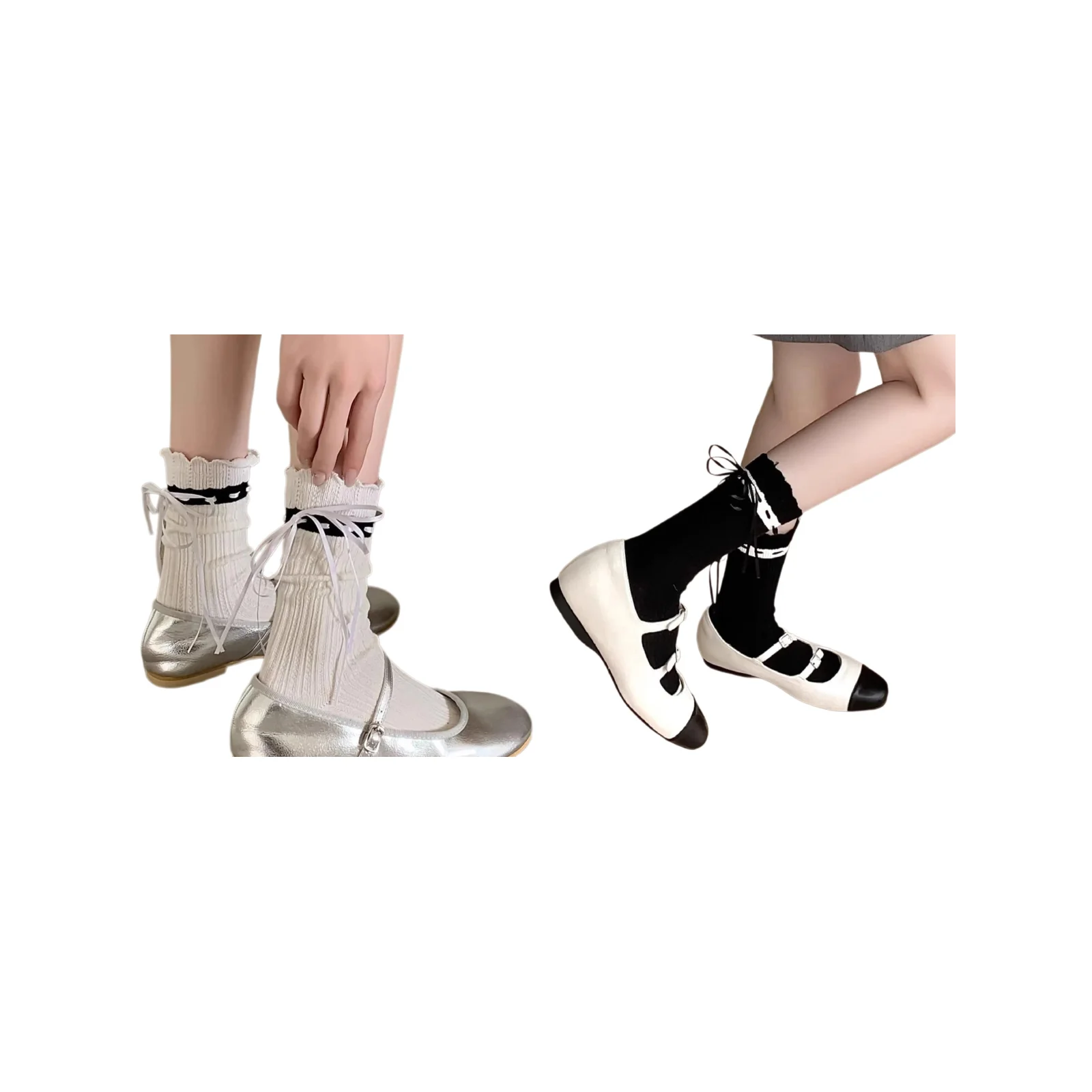 

Bow tie ballet style mid-calf socks, 1 pair each of white and black