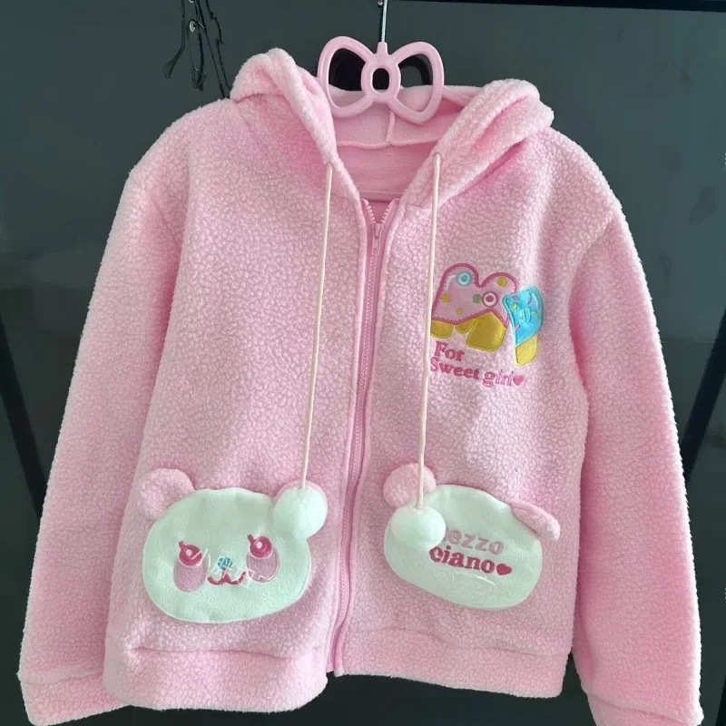 Japanese Cute Bear Ears Hooded Coats Women Y2k Aesthetic Sweet Soft Wool Jacket Kawaii Cartoon Embroidery Tops Autumn Winter New