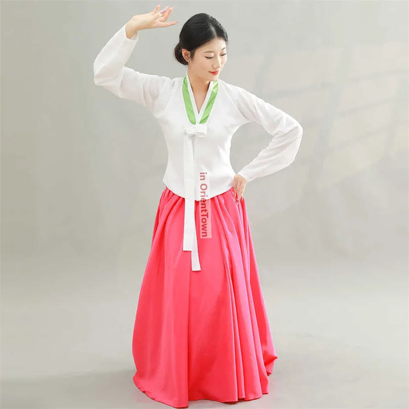 JiLin Ethnic Minority Costume Adult Hanbok Korean Dance Practice Performance Tops + Skirt University Art Examination Dress FE020