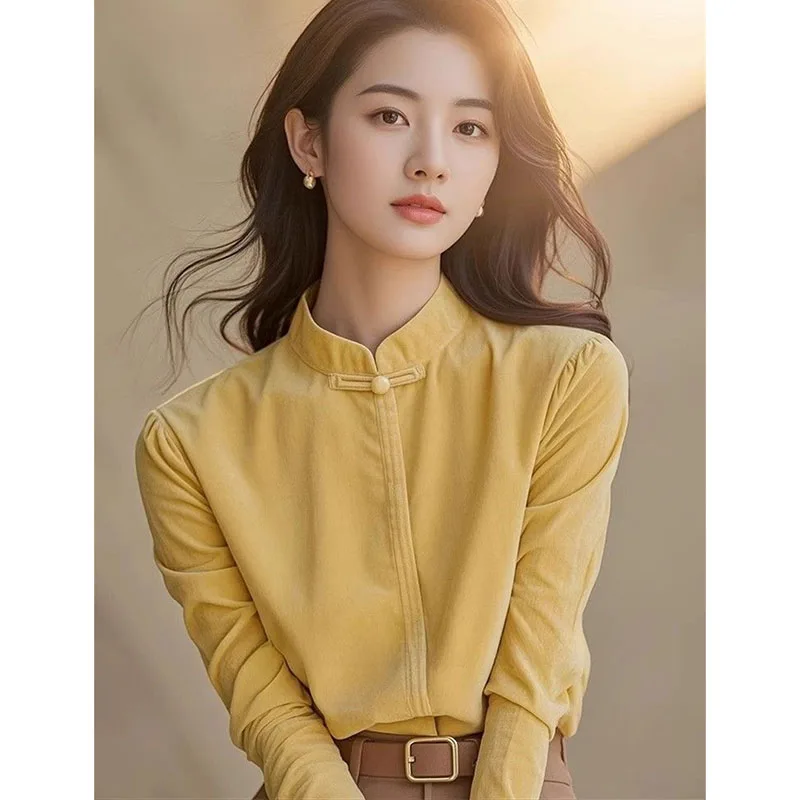 

Chinese Style Buckle Women Shirt Stand Collar Velvet Blouse Autumn Winter Long Sleeve Design Solid Tops Versatile Primer Shirt