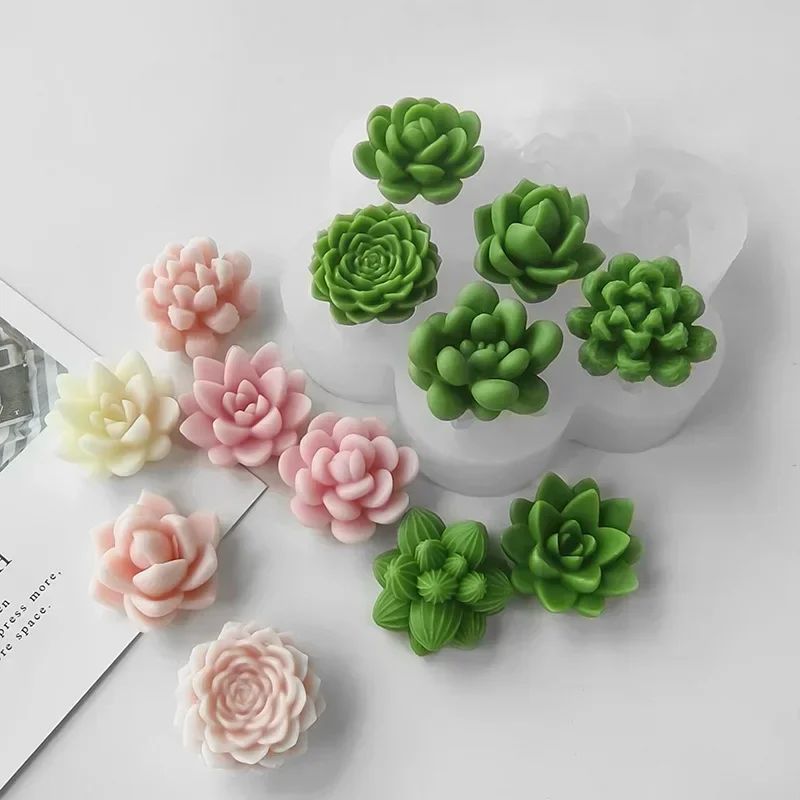 7pcs Succulent Flowers Candle Mold 3D Cactus Lotus Rose Soap Plaster Crafts Mold DIY Chocolate Fudge Pastry Cake Silicone Molds