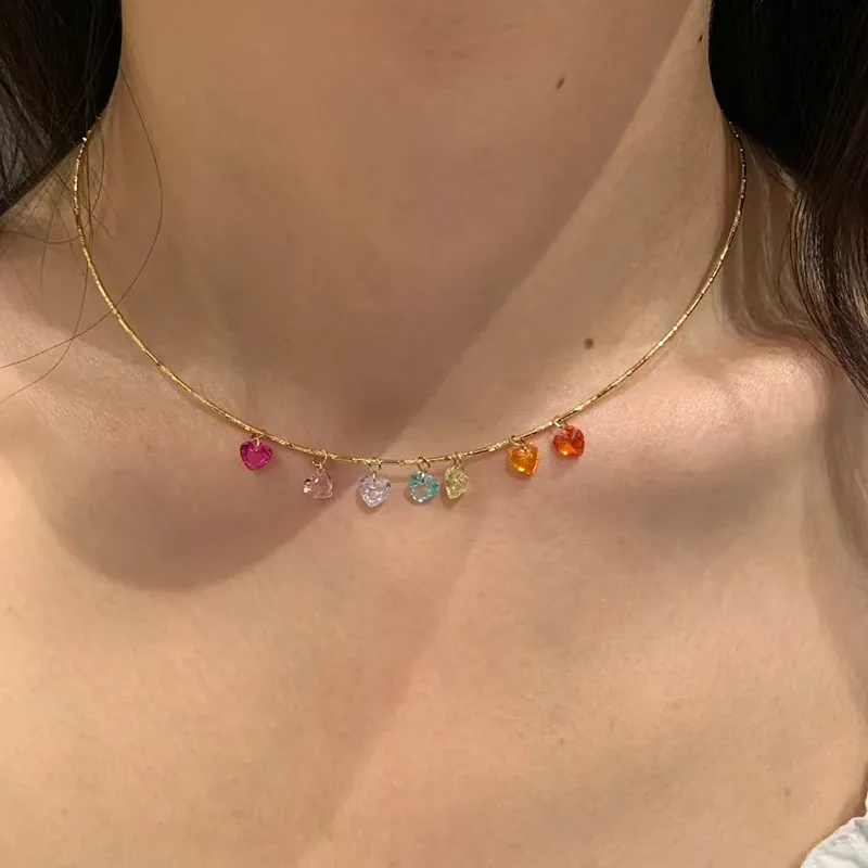 Sweet Rainbow Color Heart Zircon Charm Choker Necklace For Girls and Women Fashion Jewelry Summer on Holiday