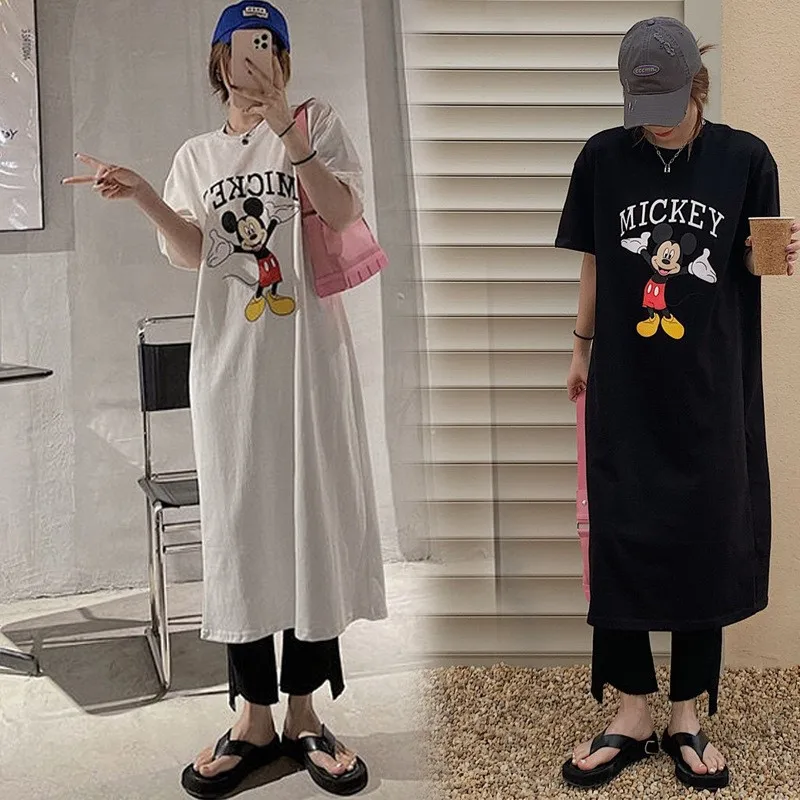 Korean Designer Brand Trend Summer New Women Dress Mickey Cartoon Loose Short-sleeved Over-the-knee Long T-shirt Skirt