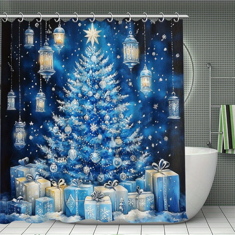 4Pcs Dream Xmas Night Bath Set, Tree Theme Shower Curtain, Modern Holiday Decor, 12 Hooks, Non-Slip Mat, U-Shaped Toilet Cover
