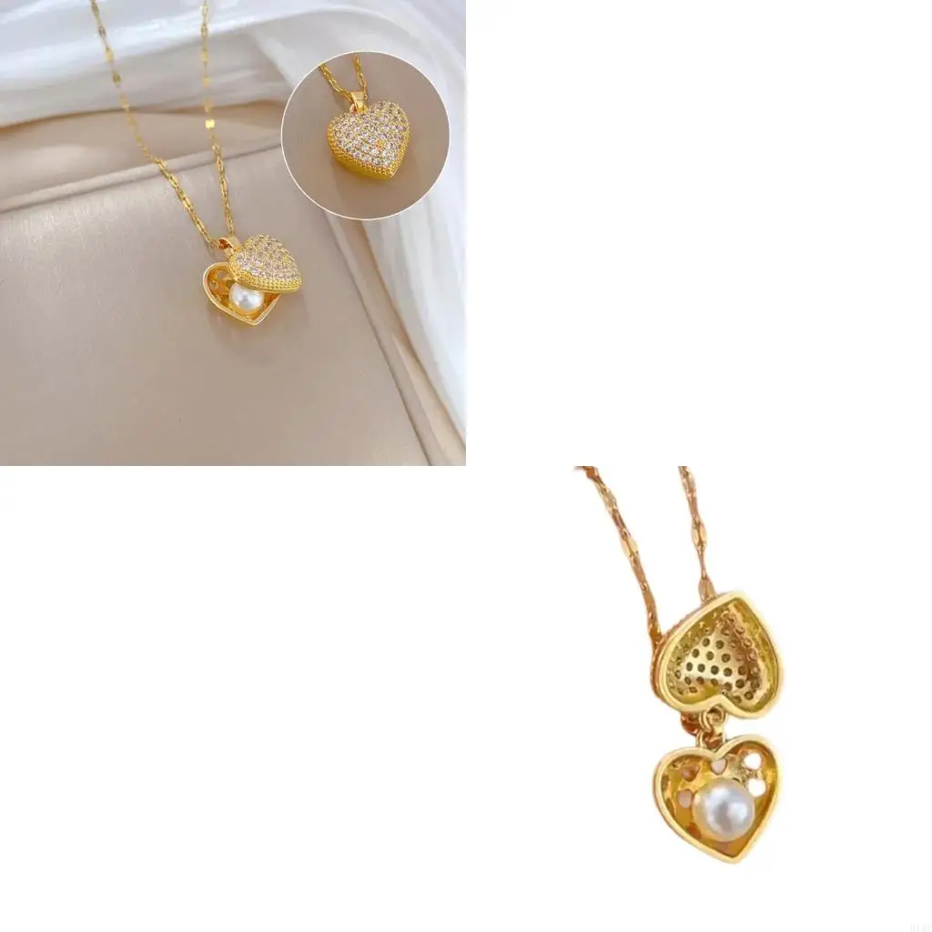 91AF Stylish Pearls Necklace with Heart Shaped Shells Pendant and Full Diamonds Gifts for Trendy Women Special Occasions