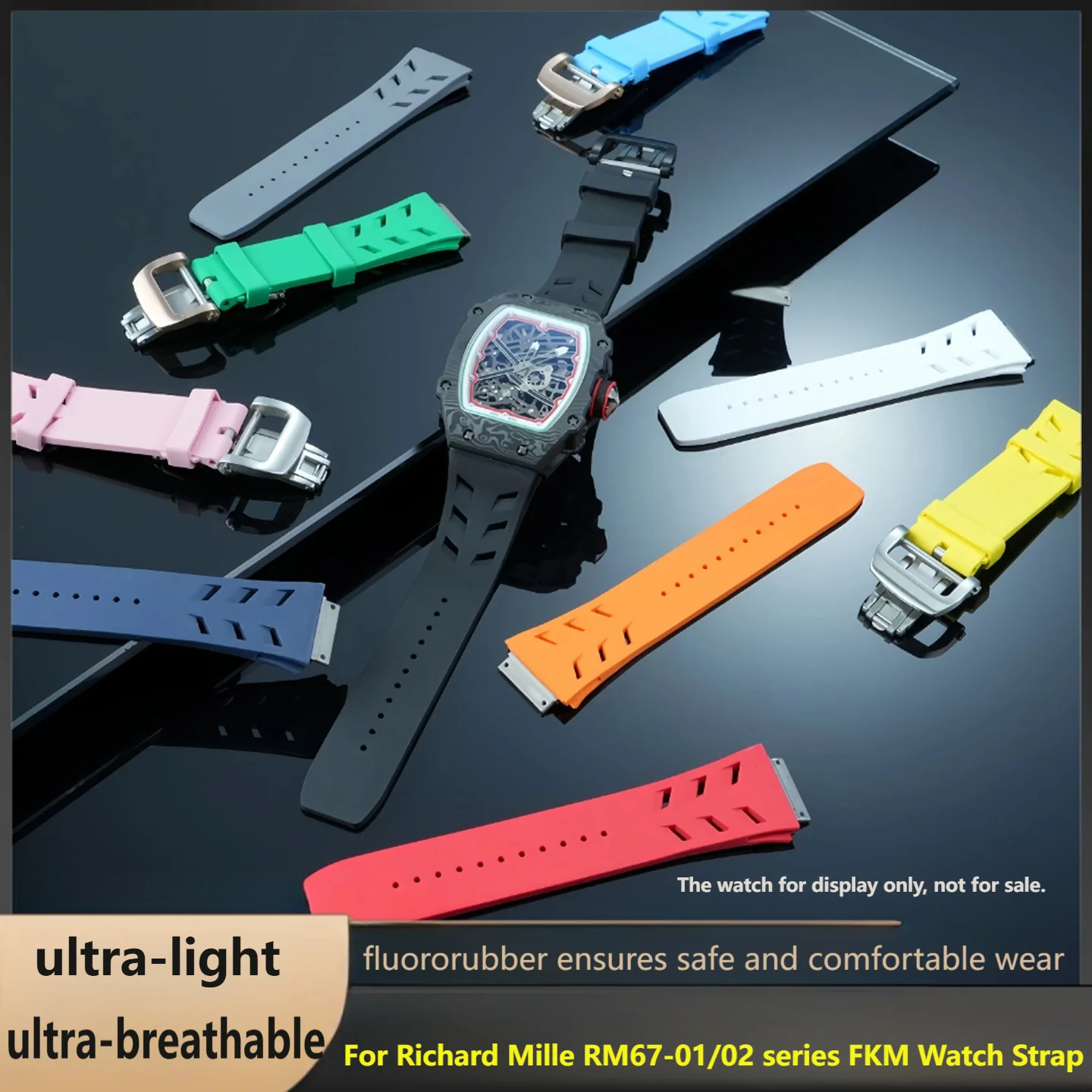 For RICHARD MILLE RM67-01 RM67-02 FKM Watch Strap Soft Comfortable Fluororubber Watchband with Titanium Alloy Folding Buckle