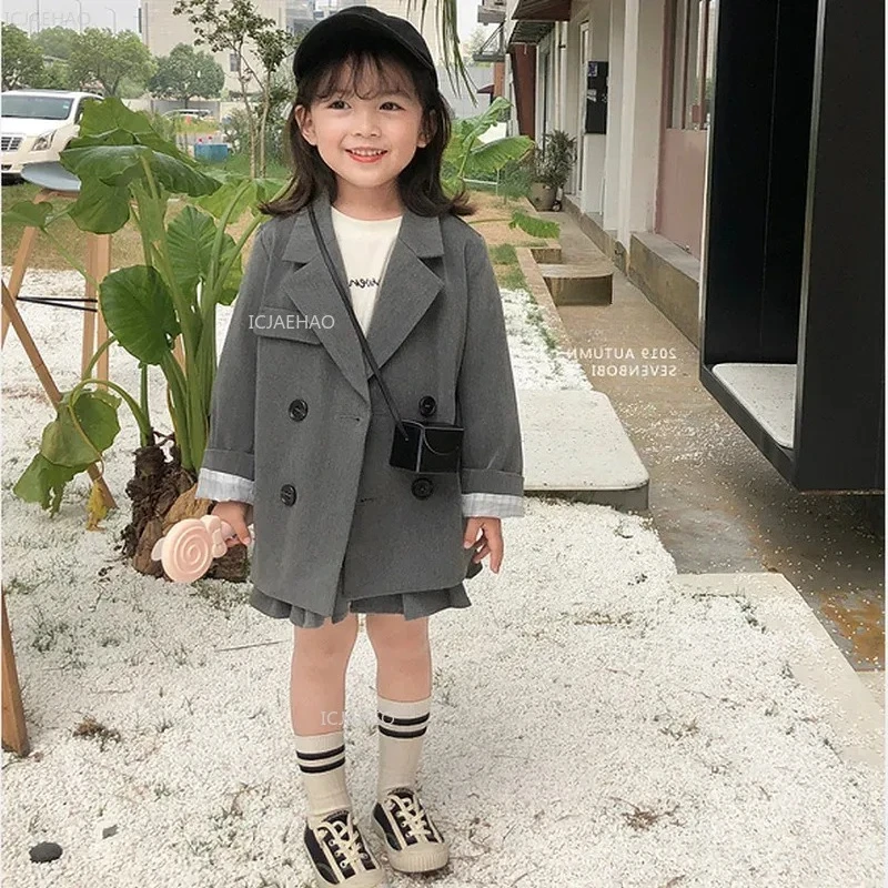 

Baby Girls Boy Suit Kids Tops Coats Jacket British Gray Childrens Clothing Fashion Double-breasted Spring Autumn Costume Sets
