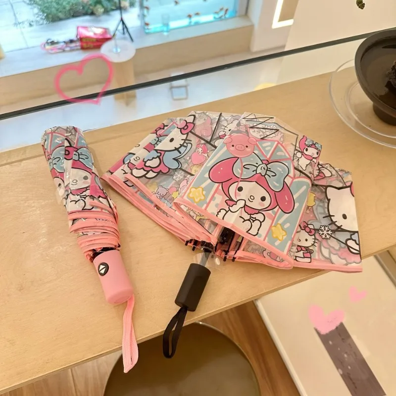 Sweet Anime Kawaii Ins MINISO Hello Kitty Transparent Umbrella Cute Cartoon Folding Ins Automatic Students Gifts for Girls