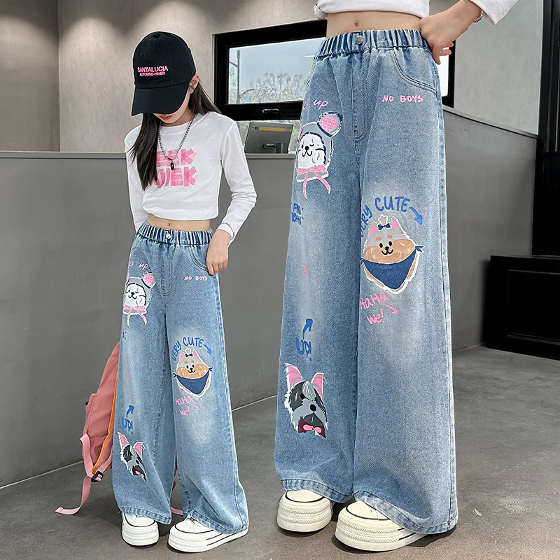 2024 Cartoon Mode Muster Jeans für Mädchen lose gerade Jeans hose schönen Druck Kinder Frühling Herbst Korea Stil lange Hose