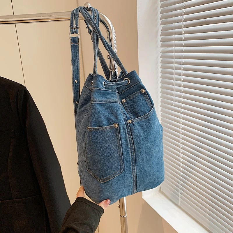 

Denim String Design Backpacks Solid Large Capacity Bags for Women 2025 New Popularity Sewing Exquisite Fashion Backpacks