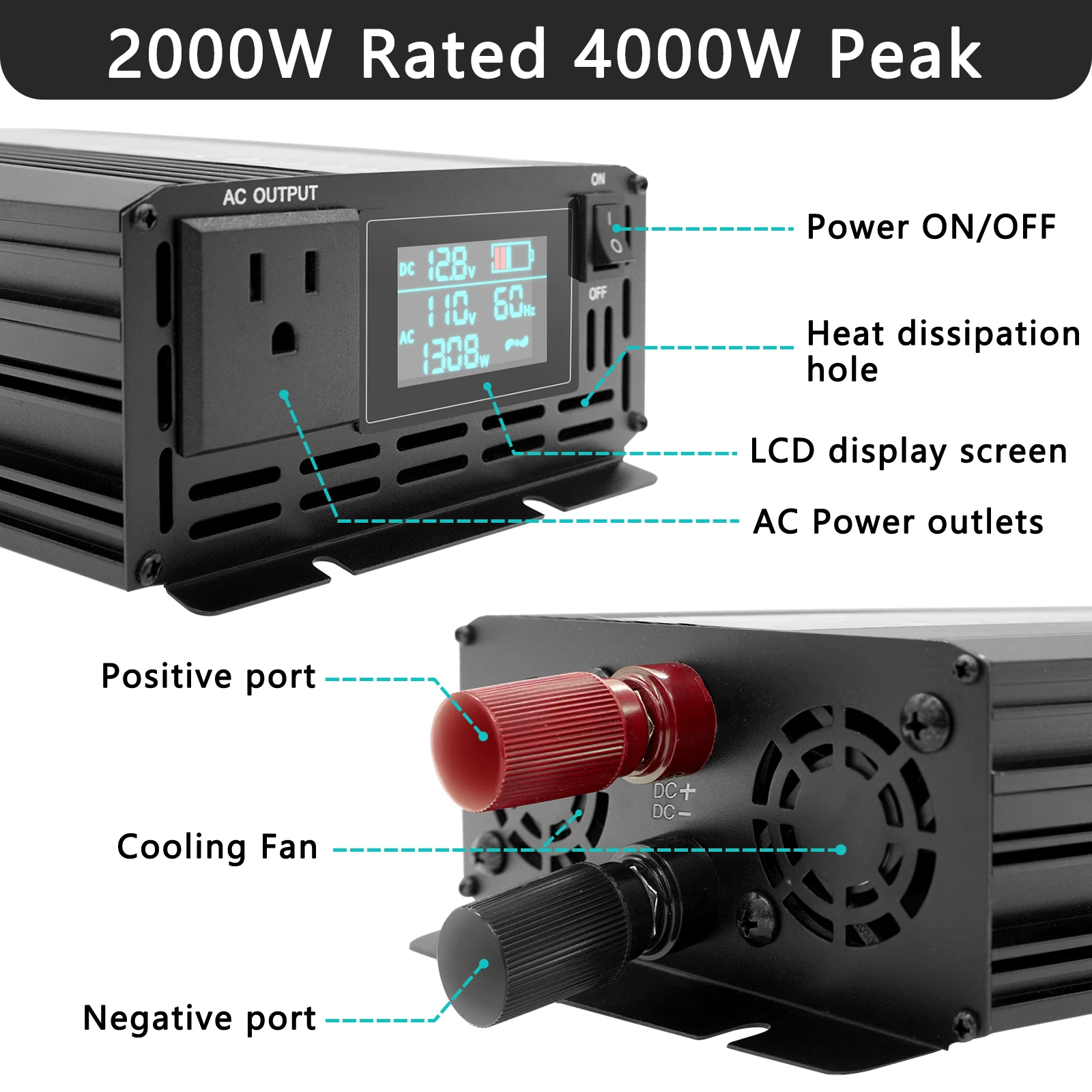 2000W Pure Sine Wave Inverter Car Power Inverter DC 12V to AC 110V Solar Power Inverter with LCD Display, AC Hardwire Port, Surg
