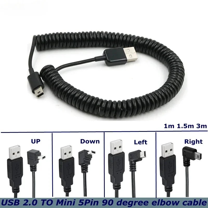 USB 2.0 A Male To Mini USB 5 Pin Right Angled 90 Degree Spiral Coiled Adapter Cord Cable 5ft for MP3 Players Digital Cameras