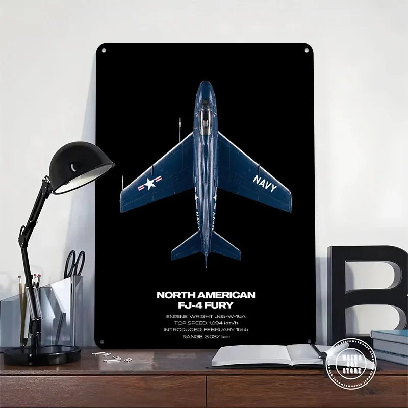 North American FJ-4 Fury Jet 3D Printed Texture Poster Personalized Wall Art Retro Metal Tin Signs for Bedroom Decorations Room