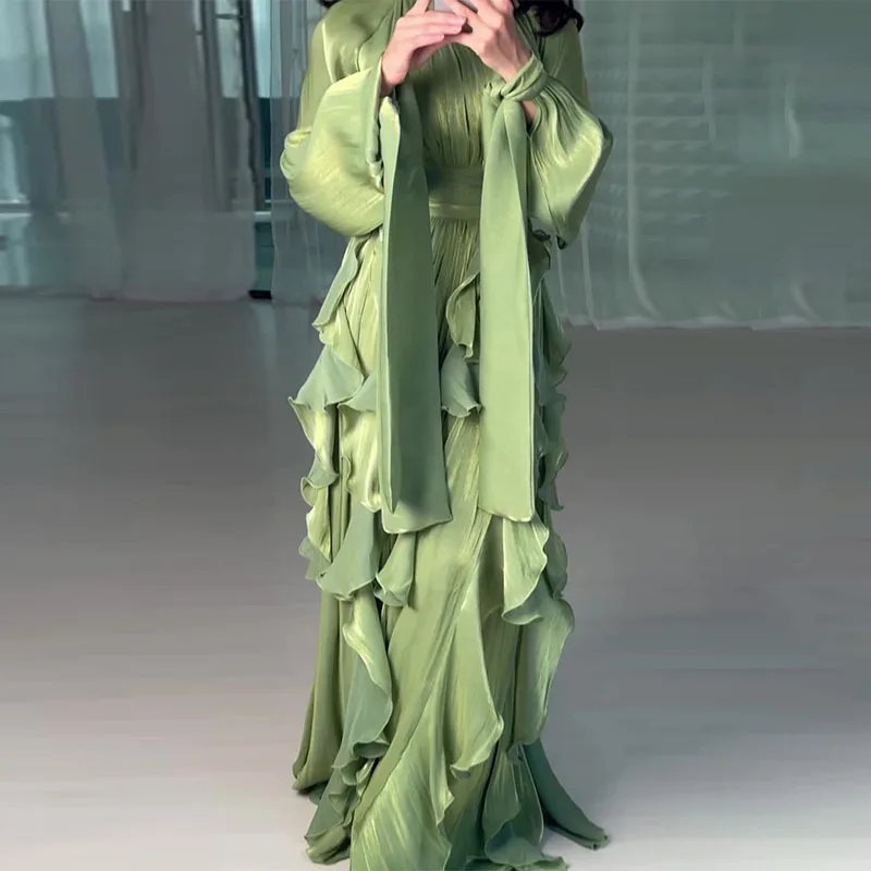 ハイウエストプリーツパーティードレス レディース カジュアル ハイネック レイヤード 宴会ドレス エレガント 長袖 無地 イブニングドレス