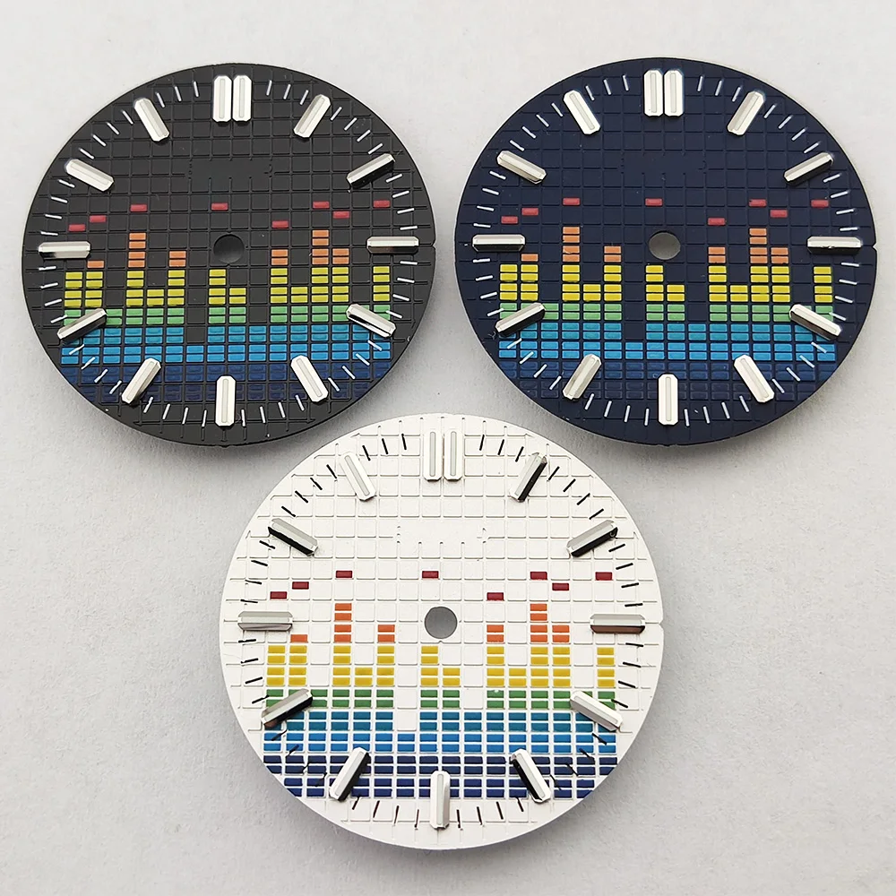 

Циферблат NH35 с музыкальной волной 28,5 мм подходит для механизма NH35 8215, аксессуары для часов Miyota 8215, все части C3, зеленый светящийся циферблат