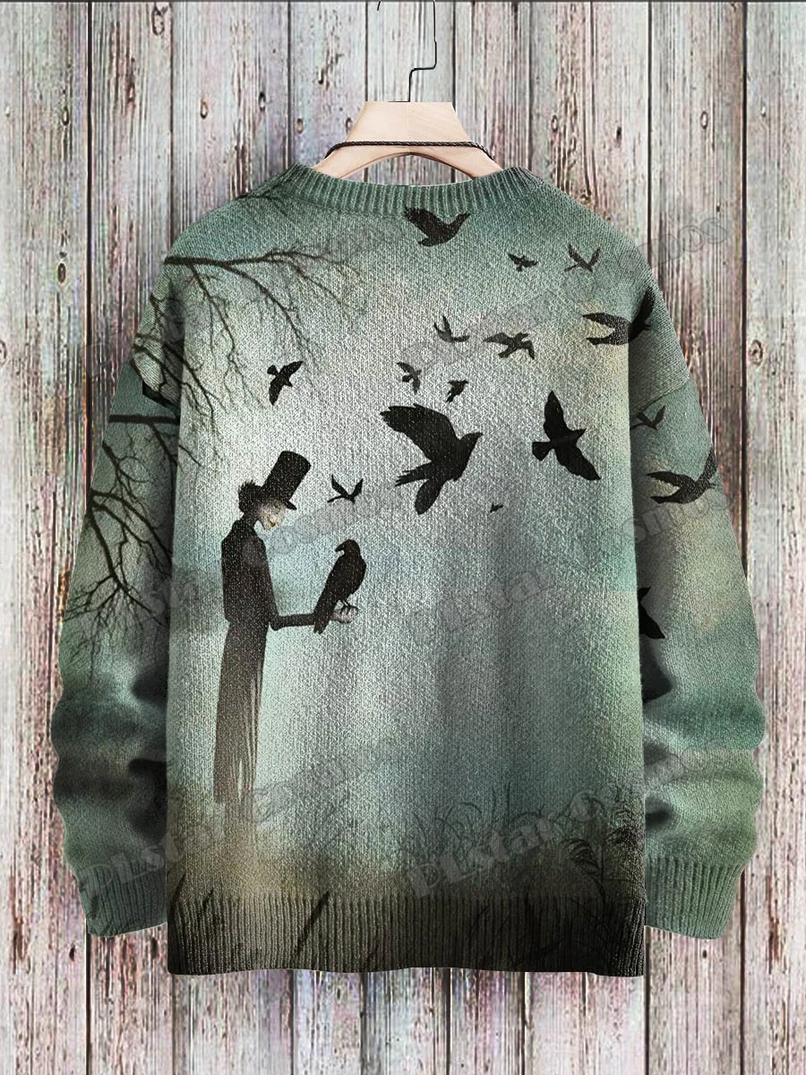 Halloween Wizard Raven Retro Art Pattern 3D Printed Men's Knitted Pullover Winter Unisex Casual Knit Pullover Sweater ZZM125