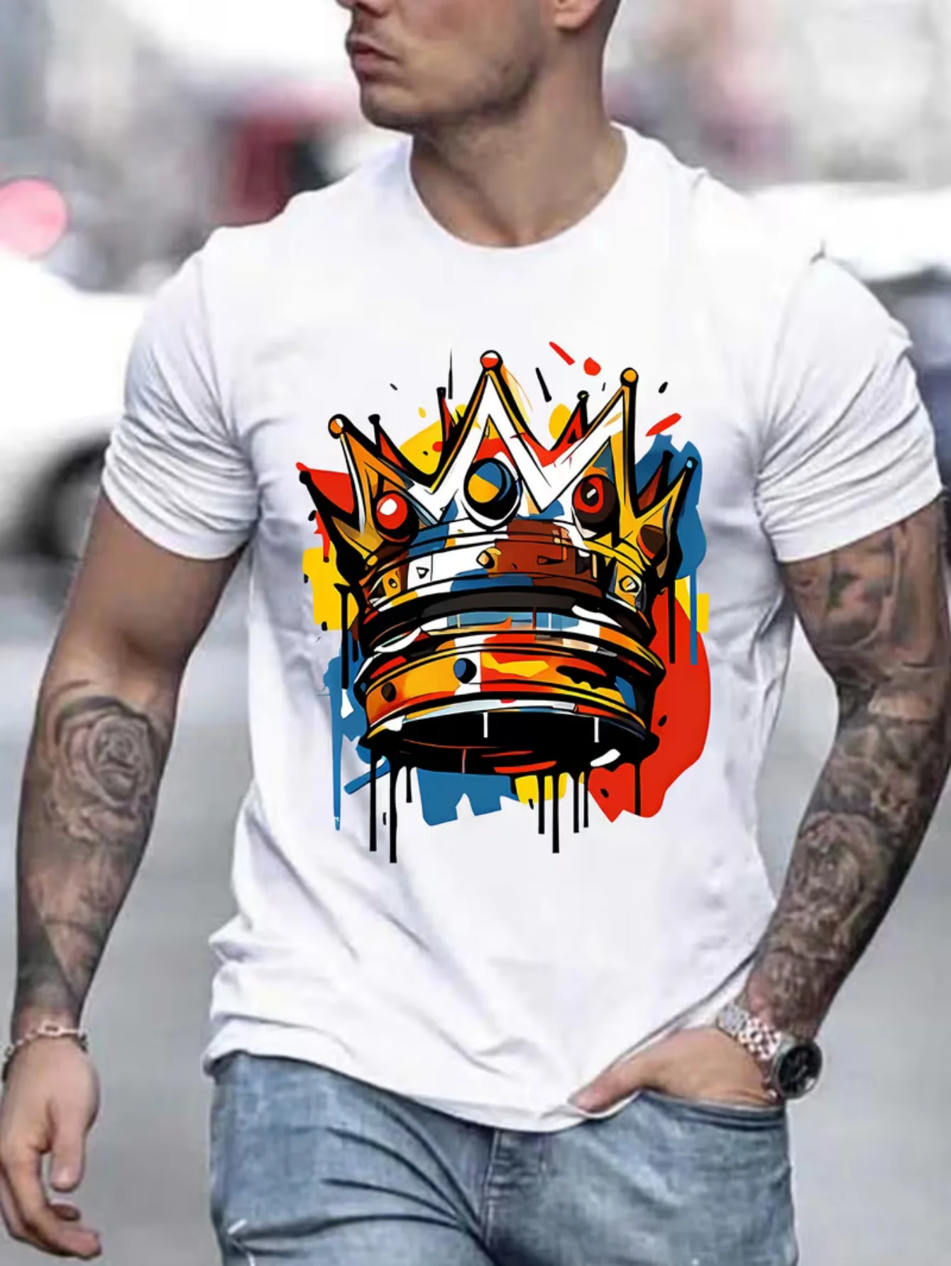Colorful Graffiti Crown Graphic Mens T Shirt Street Splash Paint Art Short Sleeve Crew Neck Cotton Tee Urban Casual Top
