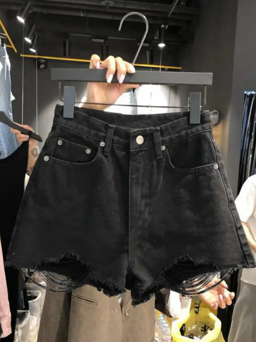 

Black Hole Denim Shorts Women's Summer New Hot Pants High Waist Slimming Korean Version Tassel Wide Leg Pants