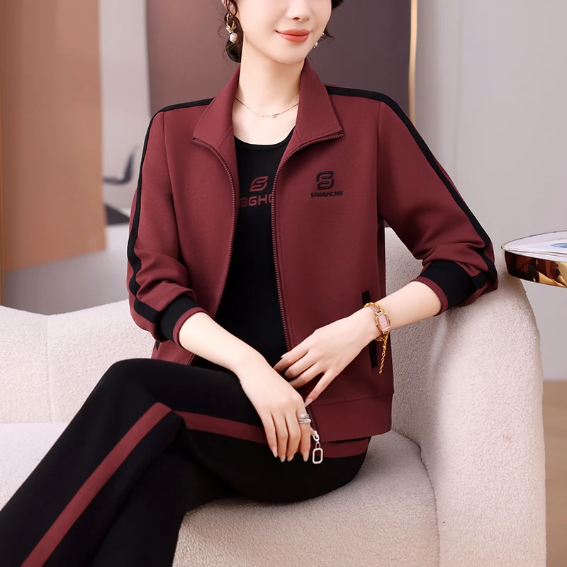 

Ele Midlife Mom Autumn Sportswear Set Faionable Loose Fit Long Pants Tee-Piece Suit Polyester Cotton Spandex Blend