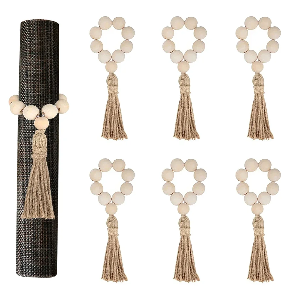 

Wood Bead Napkin Rings Napkin Holders With Tassels Hand-Woven Boho Buckles For Christmas Farmhouse Wedding Home Table Decoration