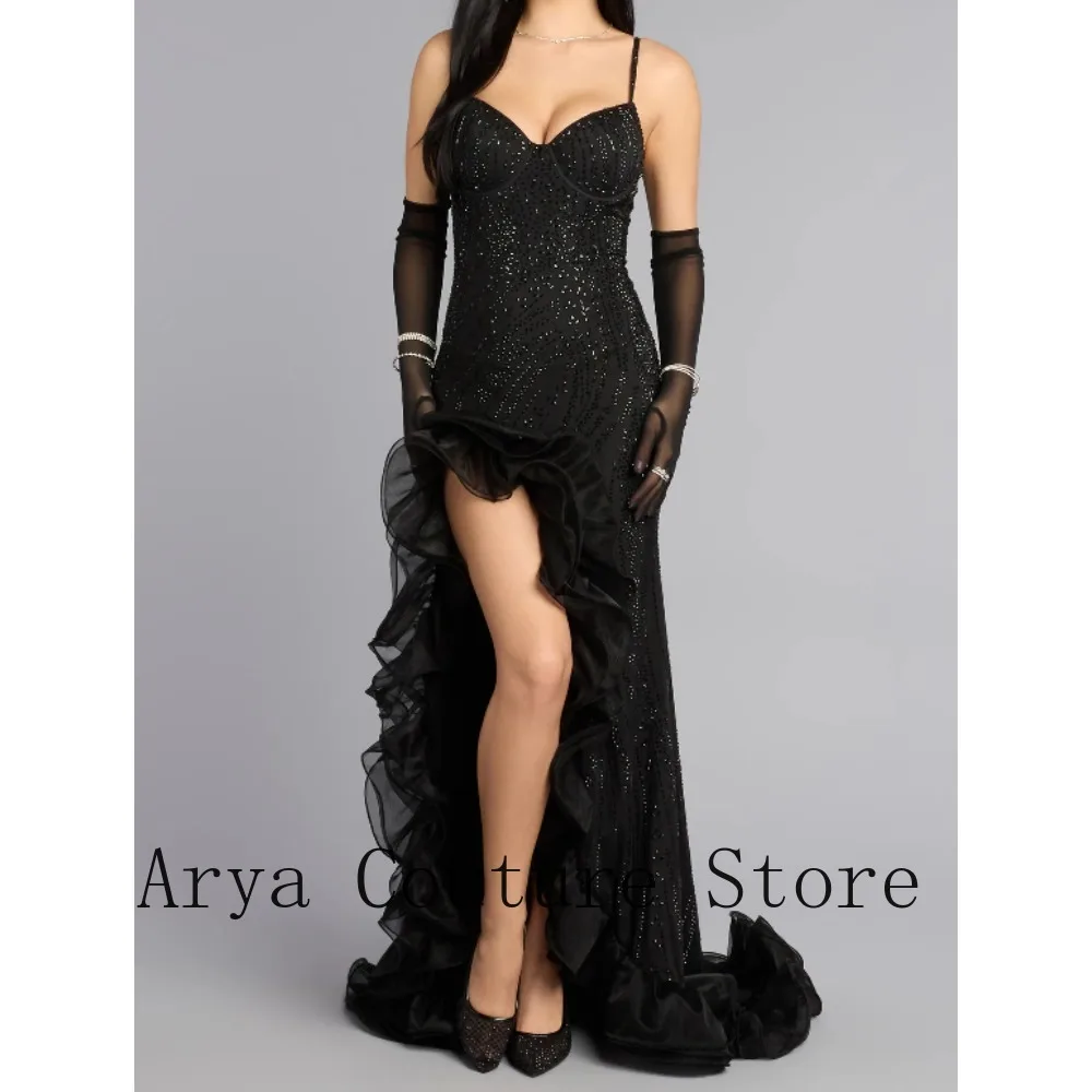 

Индивидуальный пошив: Черное блестящее платье-русалка на тонких бретельках 2026 года – Макси-платье с оборками из фатина, высоким разрезом и шлейфом для выпускного вечера и торжественных мероприятий