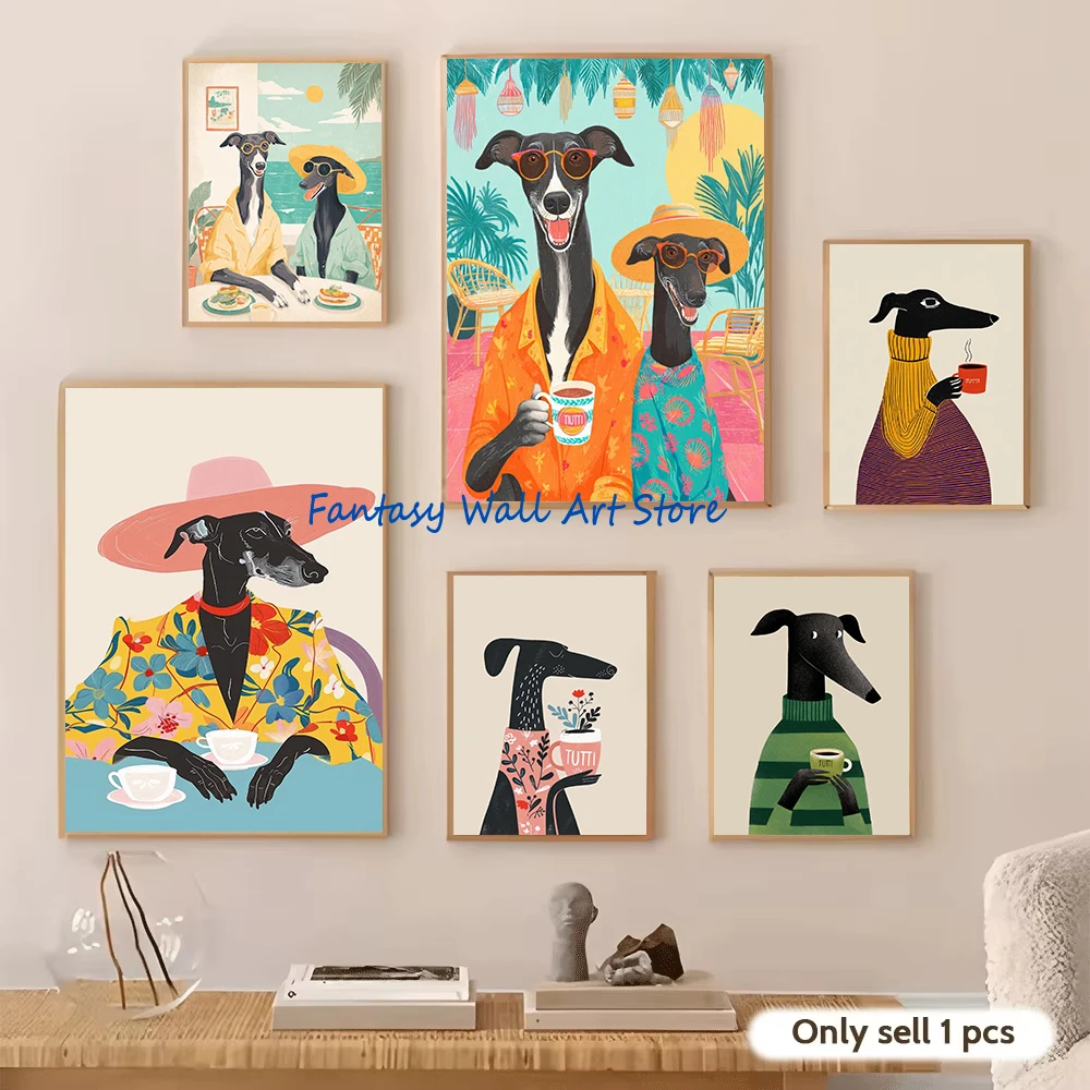 Pet Dog Mug Drinking Coffee Colorful Wall Art Whimsical Dog in Sweater Winter Coffee Poster Canvas Printing Home Kitchen Decor