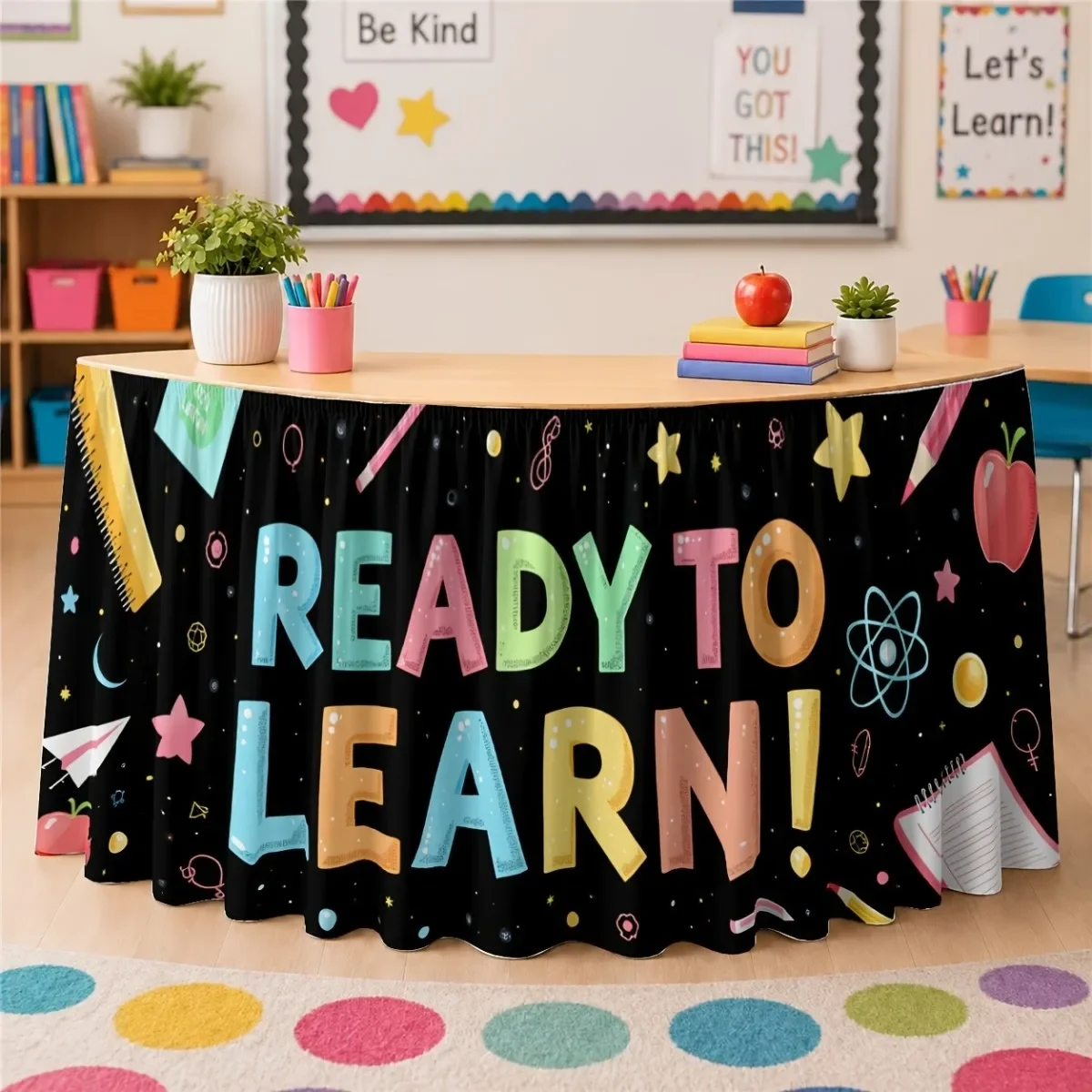1 PC party table skirt,black background with the slogan 