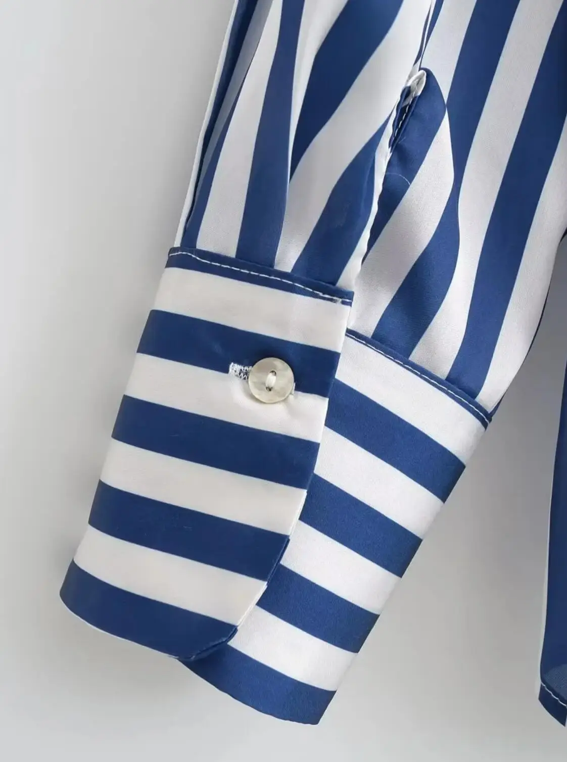 2023 CHIC Autumn Lapel Blue White Striped Print Bright Satin Shirt Women Single-Breasted Buttons Full Sleeve Loose Blouses Tops