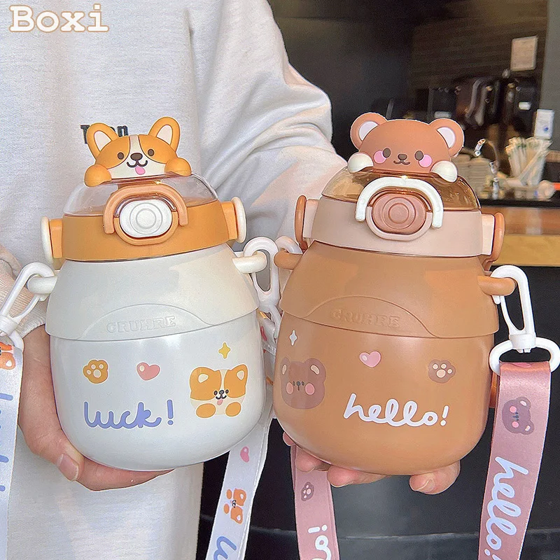 

Cute Big Belly Stainless Steel Vacuum Thermos Water Bottle With Straw For Kids Adult Tumbler Large Sport Travel Drinking Kettle