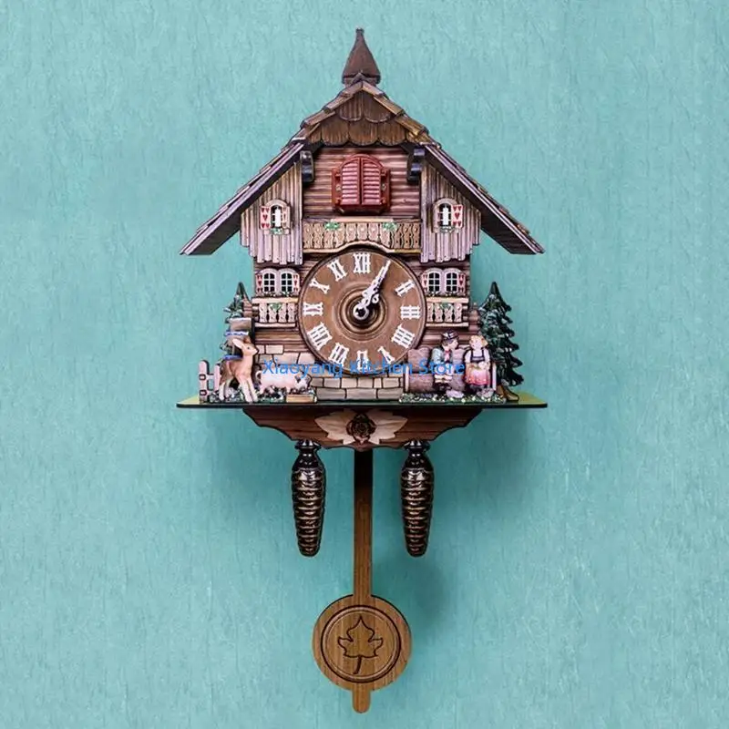 69HC Wooden Wall Clock Cuckoo Antique Pendulum Hanging Handcraft Swing Alarm Watch