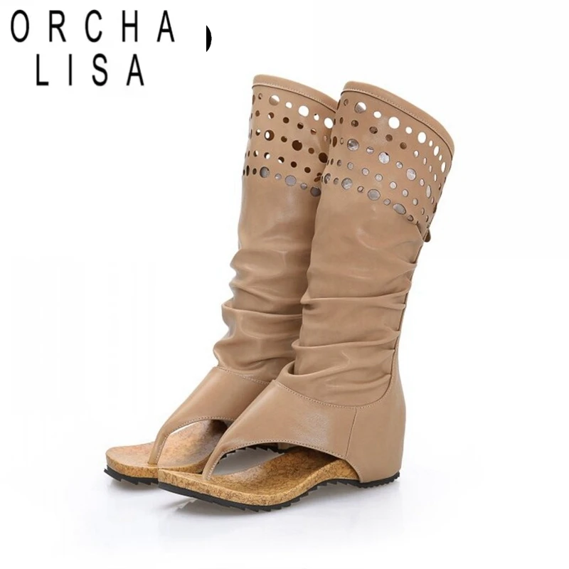 

ORCHA LISA/летние крутые винтажные женские сандалии до середины икры с застежкой на носок 35 см, повседневная обувь на высоком плоском каблуке с пряжками, большой размер 43 хаки
