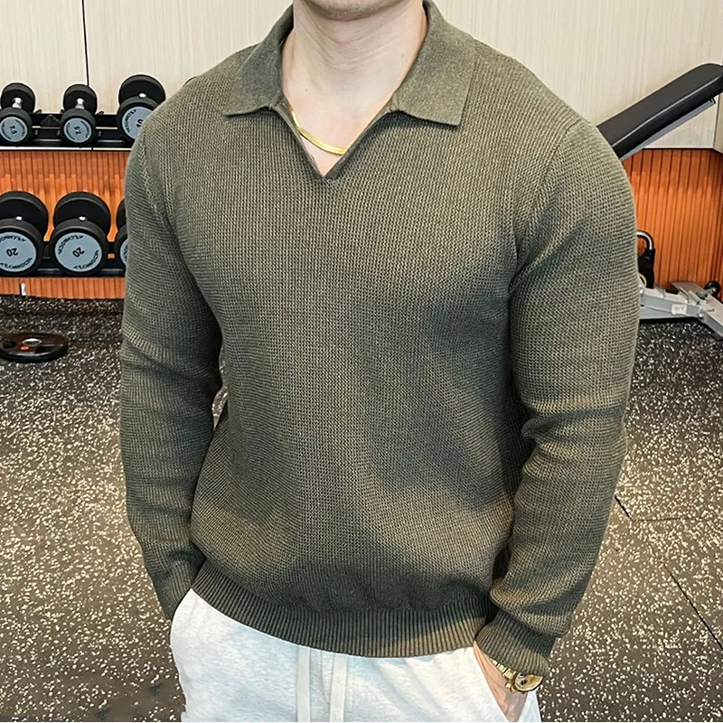 

Autumn Winter Polo Collar Knitted Sweater Men Solid Color Casual Business Pullover Office Social Versatile Warm Knitwear Tops