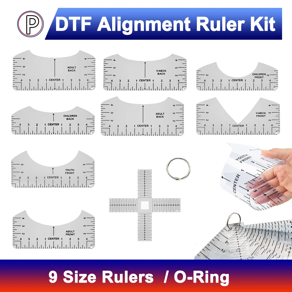 Newest DTF DTG Vinyl Alignment Ruler Kit with O-Ring for Heat Press Measurement Tool Centering X-Ruler V-Neck Round PVC Ruler