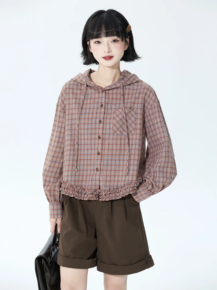 

Свободная женская кофта с длинными рукавами, двухслойная, с волнистым краем, из хлопка, в клетку, повседневная, осенняя, модная, антивозрастная