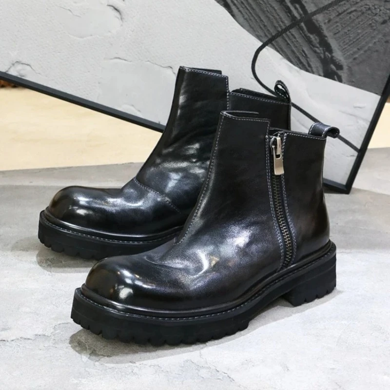 

Retro Washed Handmade High Top Casual Chelsea Boots Men's Shoes Thick Sole Square Toe Formal Walking Outdoor Ankle Boots Male
