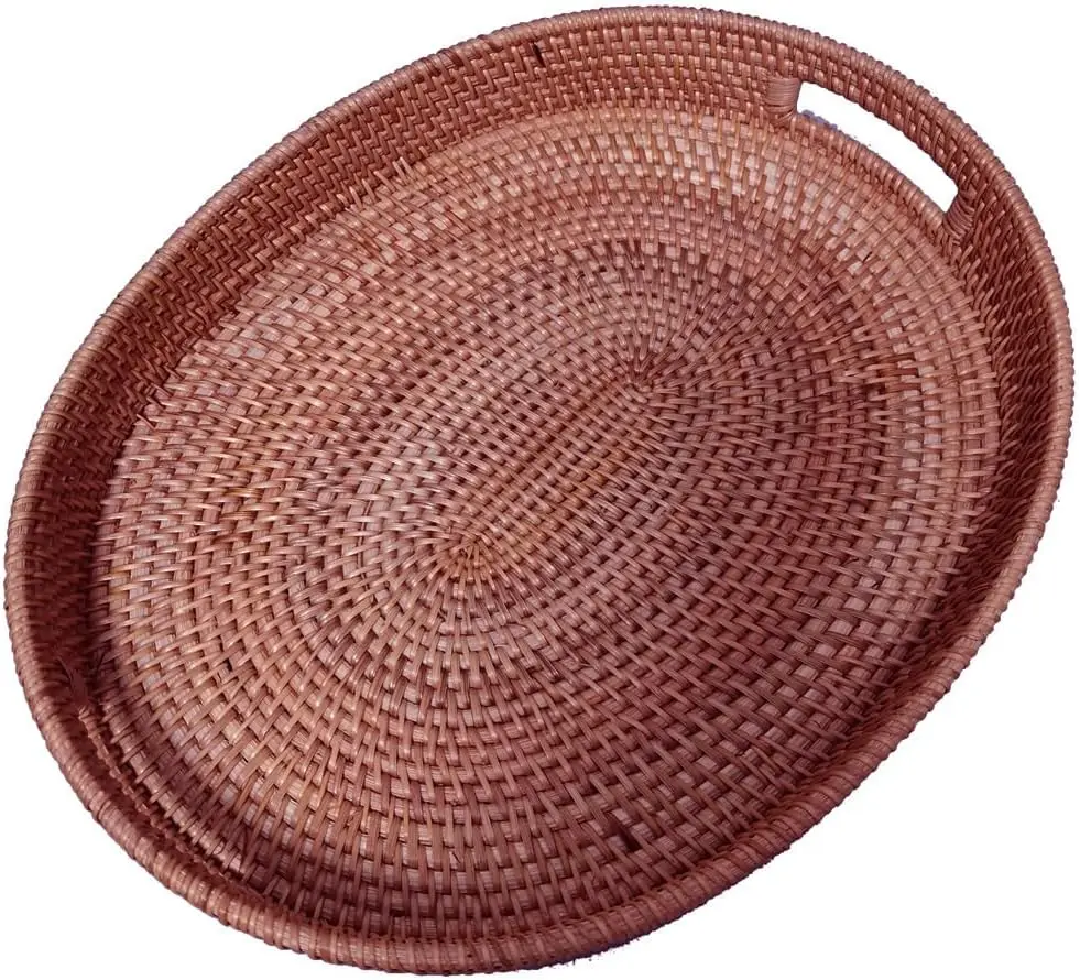 Dark Brown Oval Rattan X-Large Serving Tray for Fruit,Breakfast,Drinks,17 Inch Ottoman Wicker Woven Serving Basket Tray