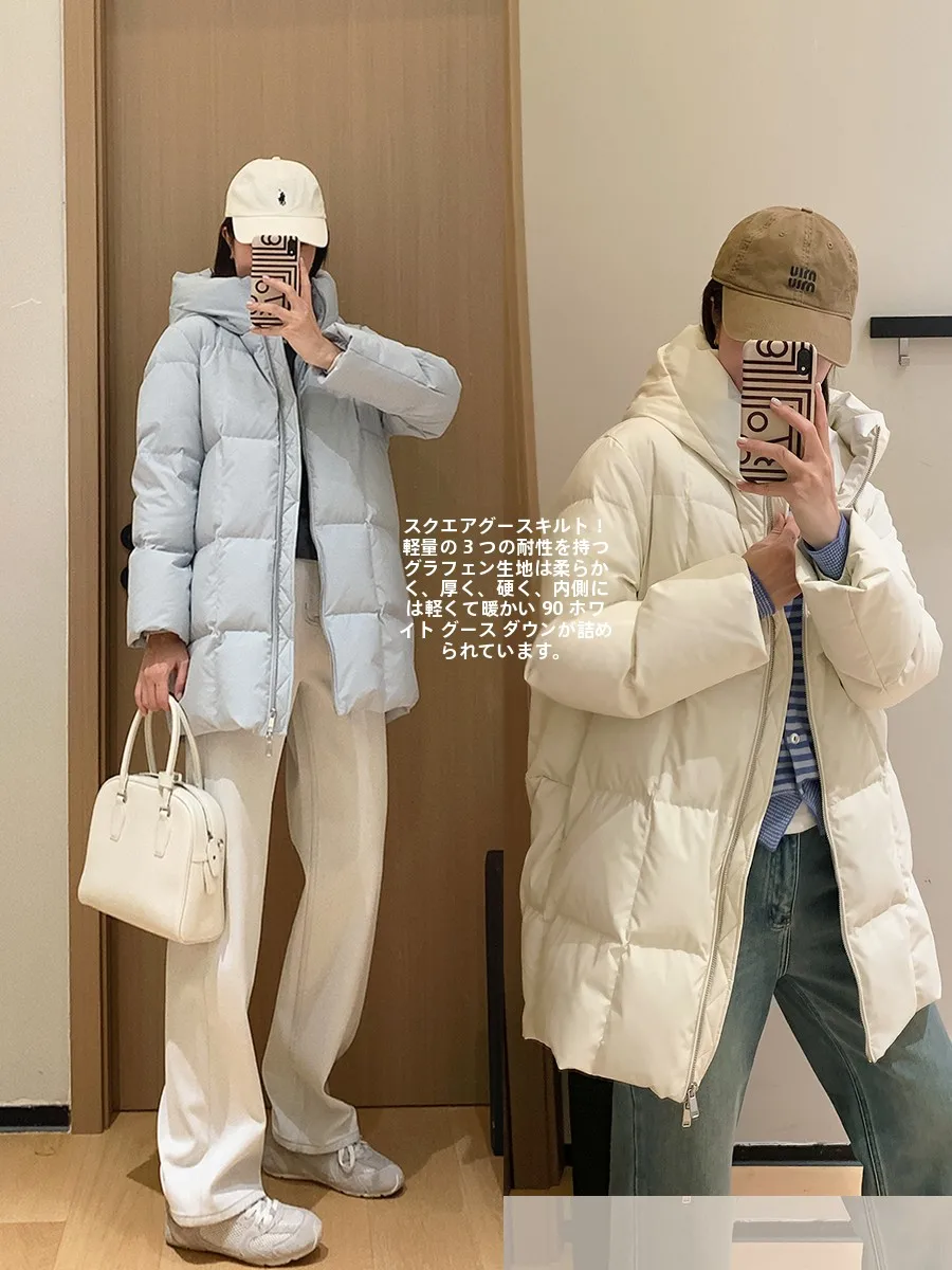 

Graphene down Jacket Women's Mid-Length Hooded Coat White Goose Feather Warm Outerwear Lightweight Three-Proof Block Design