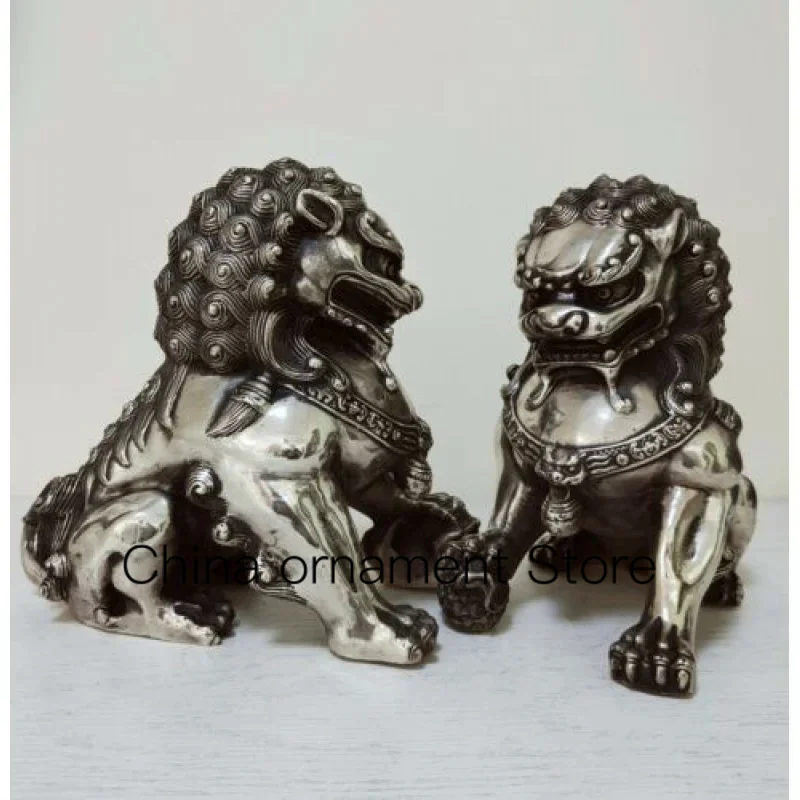 6-Inch Large Tibetan Silver Fu Dog Guard Lion Argentina Lucky Statue a Pair of Pug-Dog