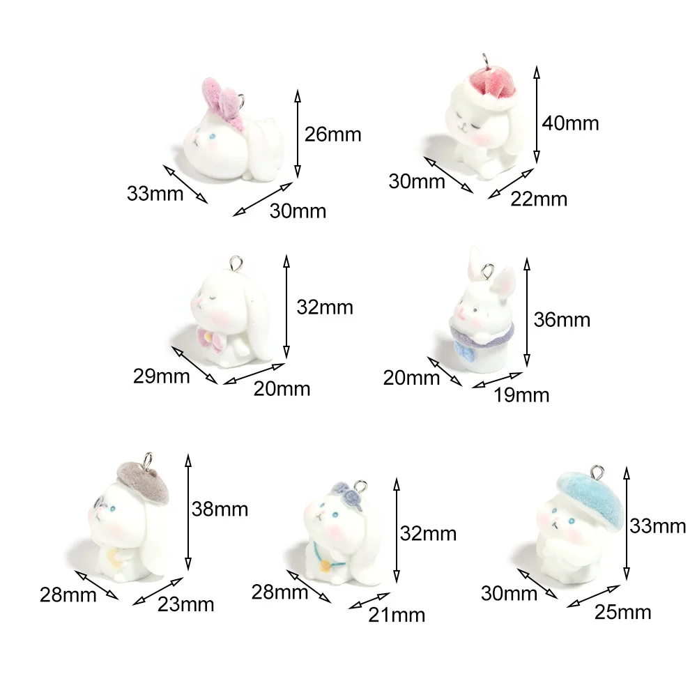 30Pcs 3D Cute Flocked Rabbit Charms Cartoon Animal Resin Pendant  Earring Phone Keychain Accessories for DIY Crafts Jewelry Make