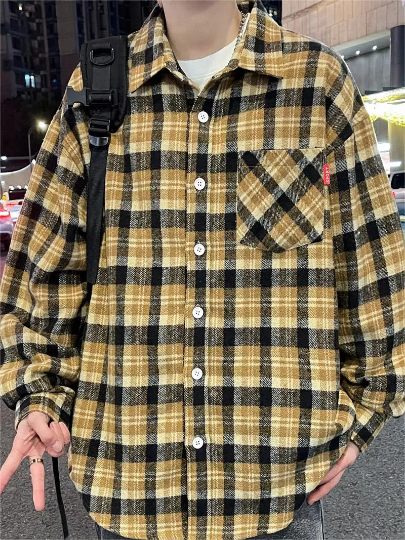 

Large Size 9xl 8xl 7xl Plaid Shirts Men Harajuku Long Sleeve Single Breasted Cotton Shirt Korean Style Vintage Streetwear