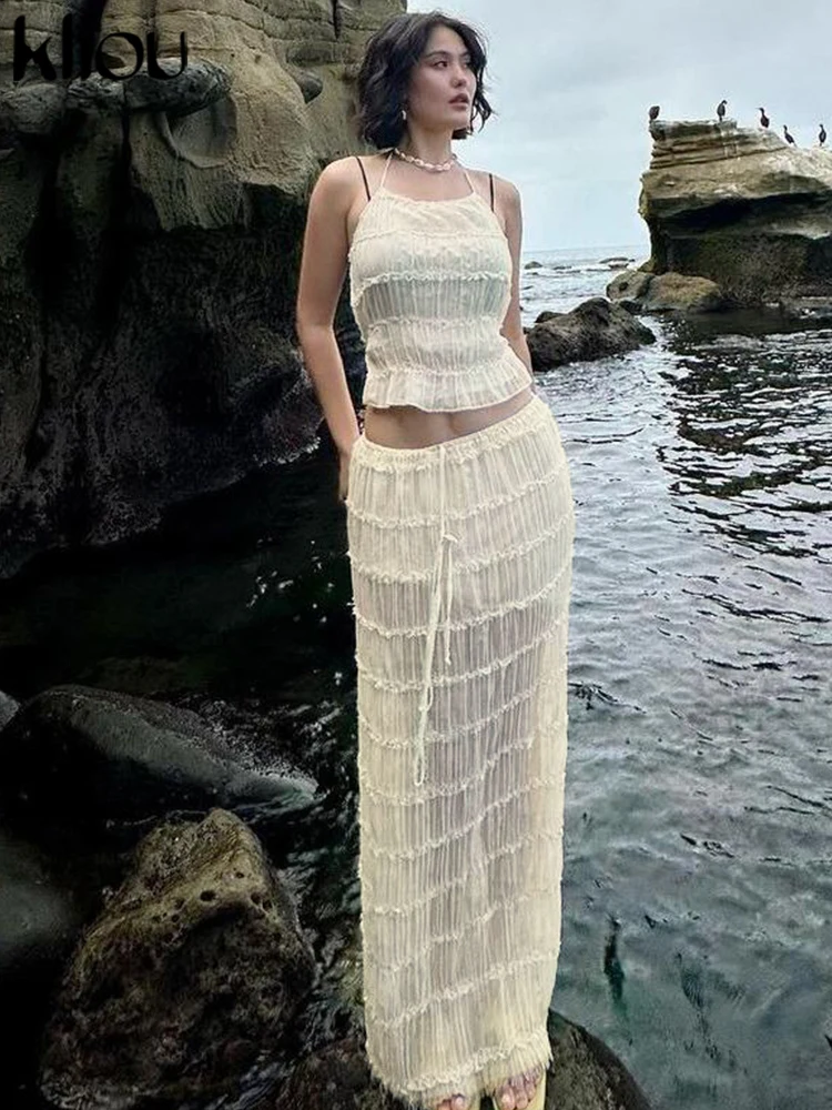 kliou Mesh Shirring Women 2 Piece Set Solid Unique Halter Backless Tanks+Matching Maxi Skirts Female Holiday Beach Outfits New