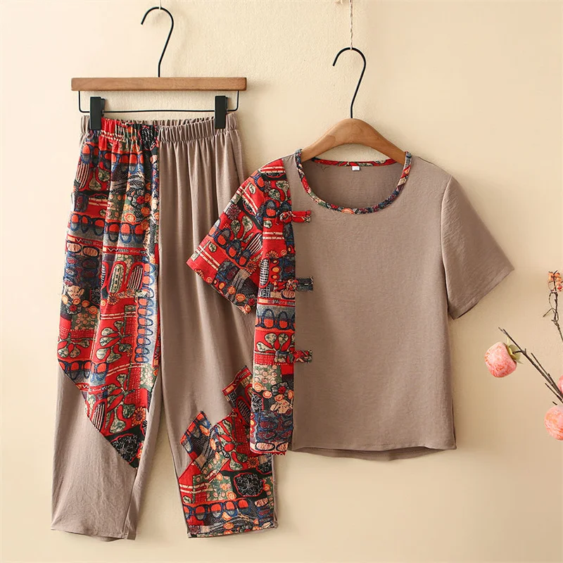 Mother Summer Cotton And Linen Suit Female Short-sleeved Folk Wind Two-piece Grandma Old People Summer Loose Thin Printing Sets