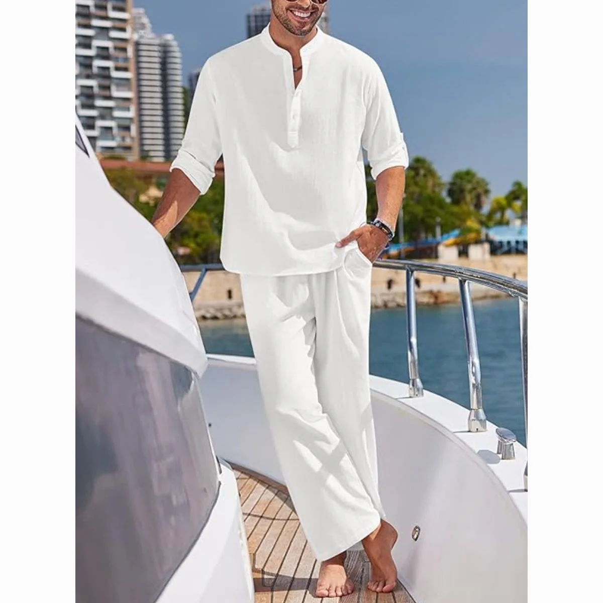 

Men's Casual Shirt Pants Set Long Sleeve Color Loose Fit Comfortable Breathable Cotton Linen Blend Summer Wear