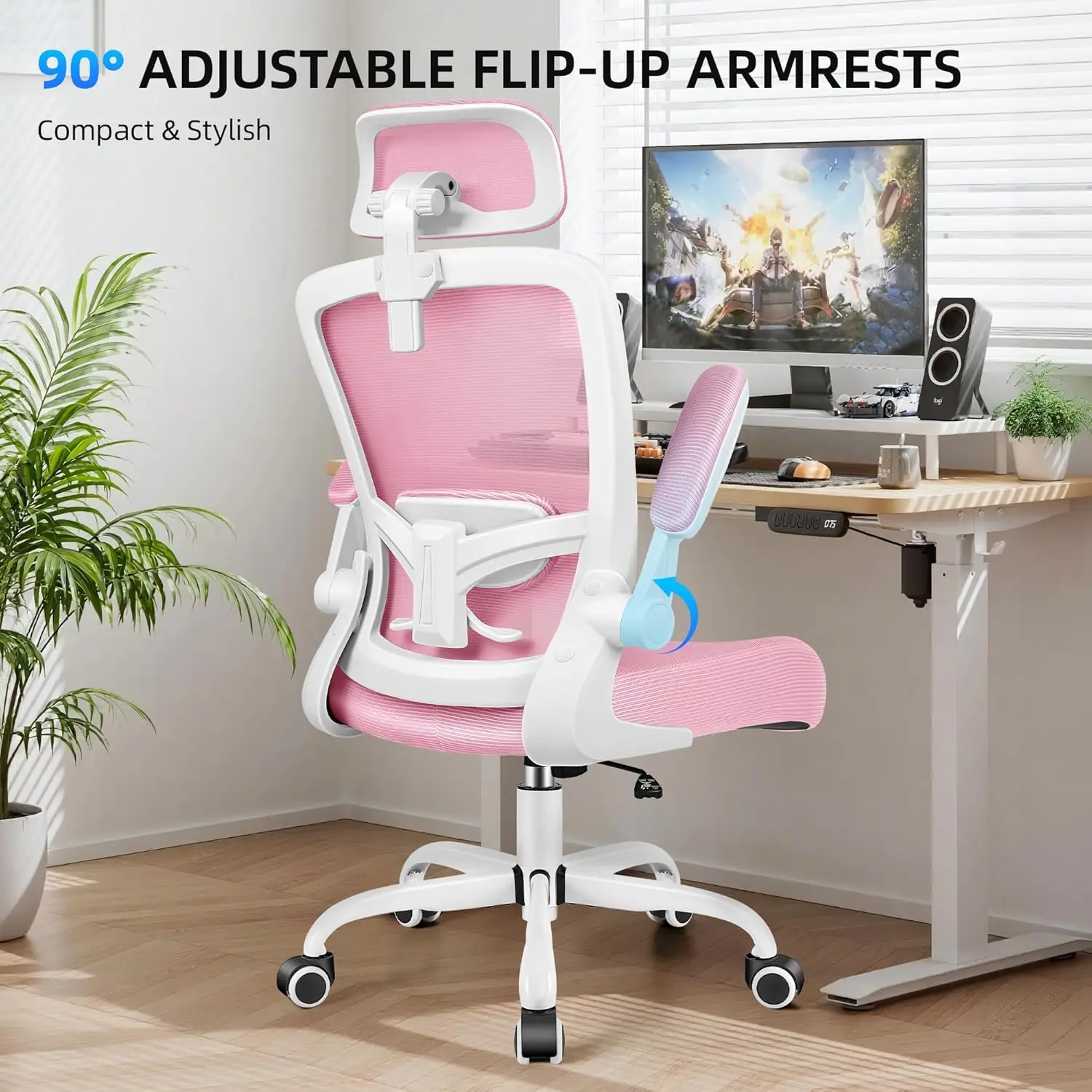 كرسي مكتب، كرسي ألعاب مريح بارتفاع قابل للتعديل مع دعم قطني، مسند ذراع عالي الظهر كرسي دوار للمكتب المنزلي باللون الوردي
