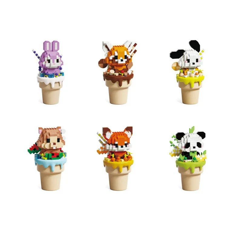 Figurines de crème glacée de dessin animé, Micro bloc de diamant, animaux Nanobrick, Panda, renard, Hamster, chien, raton laveur du nord, lapin, jouet de construction en brique