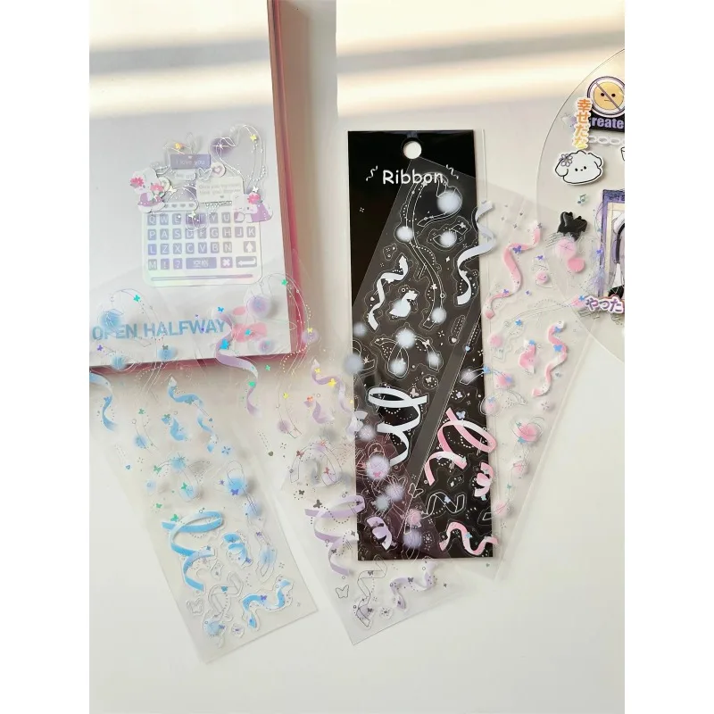 New Arrival 3pcs 5pcs Kawaii Bear Ribbon Laser Bling Stickers DIY Scrapbook Stickers Confetti Decoration DIY Photo Frame